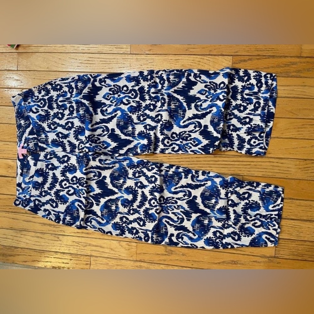 Lilly Pulitzer Lela wide leg crop pants capris bathers navy white 0 Euc flamingo